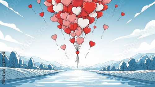 Bunch of red and pink heart balloons floating over a winter landscape symbolizing love and romance for Valentines Day or celebrations