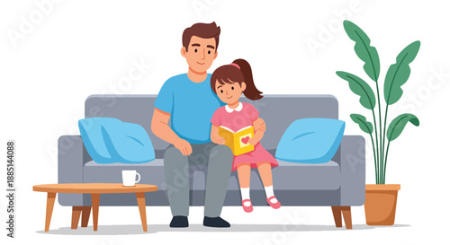 Vector illustration of a dad and daughter relaxing together on a sofa, showing peaceful family bonding and warm everyday life in flat modern vector art