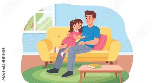 Vector illustration of a dad and daughter relaxing together on a sofa, showing peaceful family bonding and warm everyday life in flat modern vector art