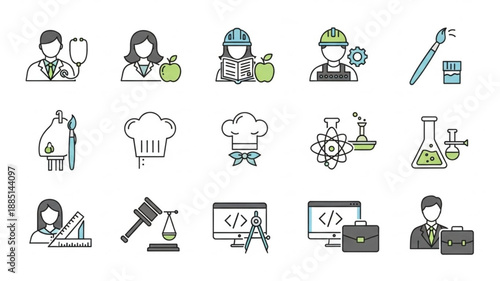 Collection of diverse professional occupation icons in a grid.