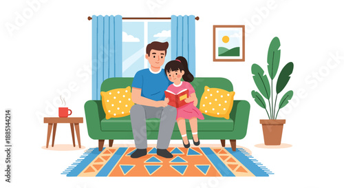 Vector illustration of a dad and daughter relaxing together on a sofa, showing peaceful family bonding and warm everyday life in flat modern vector art