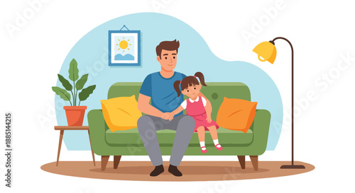 Vector illustration of a dad and daughter relaxing together on a sofa, showing peaceful family bonding and warm everyday life in flat modern vector art