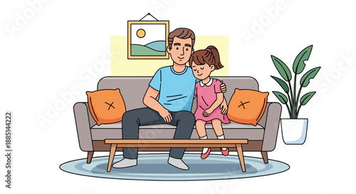 Vector illustration of a dad and daughter relaxing together on a sofa, showing peaceful family bonding and warm everyday life in flat modern vector art
