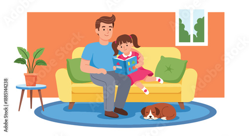 Vector illustration of a dad and daughter relaxing together on a sofa, showing peaceful family bonding and warm everyday life in flat modern vector art