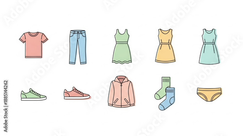 Collection of casual clothing and footwear items.