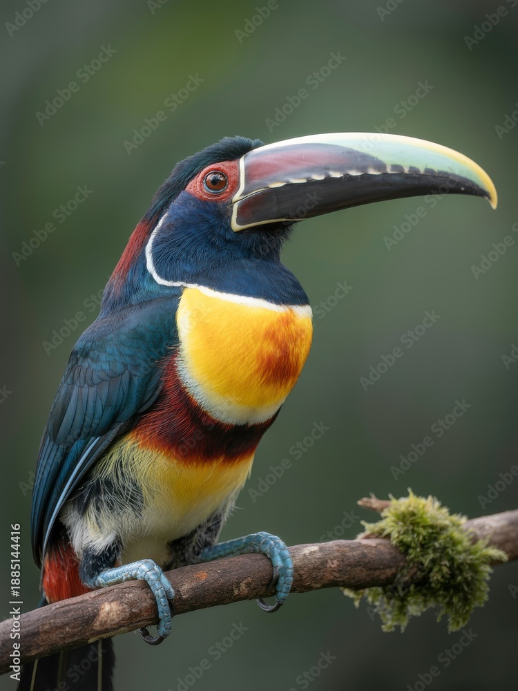 Fototapeta premium Colorful Toucan Perched On Branch With Vibrant Beak And Tropical Forest Backdrop