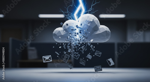 Email Security Breach Concept: Lightning Strikes Polygonal Cloud, Shattering Data and Releasing Flying Mail Icons in a Dark Corporate Office.