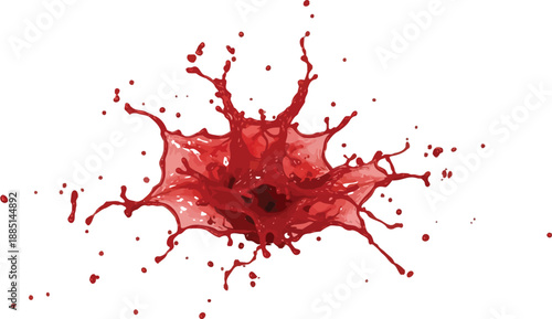 Vivid crimson red liquid splash frozen mid-air creating an explosive dynamic burst effect isolated against transparency for graphic design