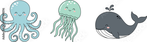 Cute sea animals vector illustration set with smiling octopus jellyfish and whale characters isolated on white background