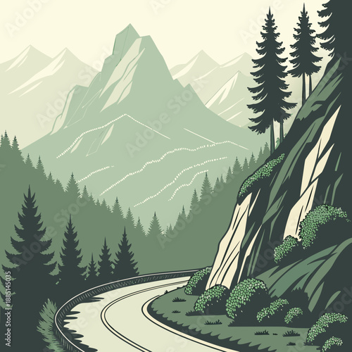 Mountain Road Landscape, Flat Design Vector