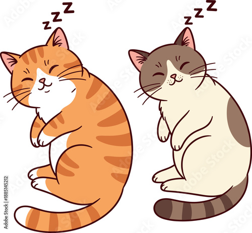 Cute sleeping kittens vector illustration with orange tabby and brown mackerel cats isolated on white background