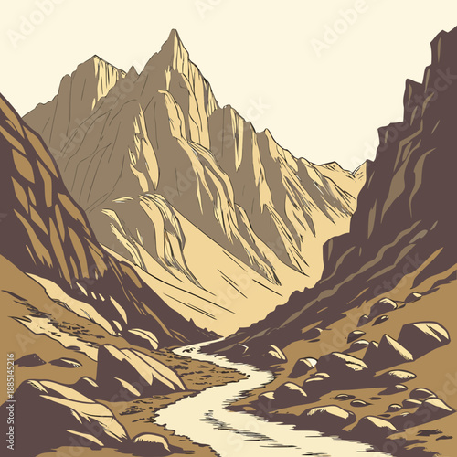 Geometric Rocky Mountain Pass with Shadows - Clean Vector
