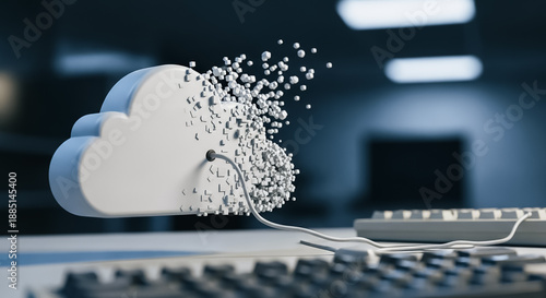 Digital Cloud Data Dissolution and Loss Concept. 3D rendering of a connected cloud computing icon fragmenting into pixels, symbolizing data breach, security risk, or migration failure.