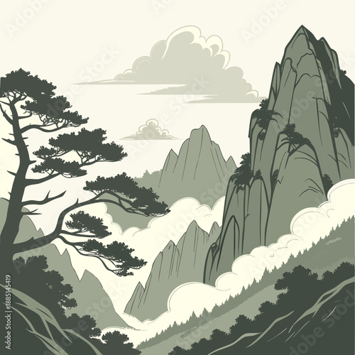 Tall Mountain Peaks with Passing Clouds - Modern Vector