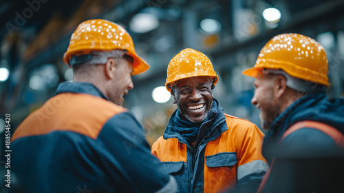 Worker industry factory teamwork safety helmet uniform engineering colleague happy worker smile industrial factory wear safety helmet uniform