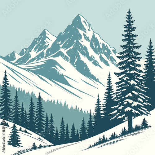 Snow Line Mountains with Pine Trees - Clean Vector Art