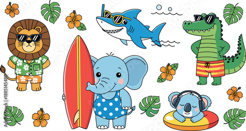 Cute summer animals vector illustration set with surfing elephant shark crocodile and lion characters isolated on white background