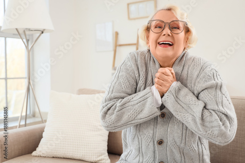 Happy elderly woman sitting...