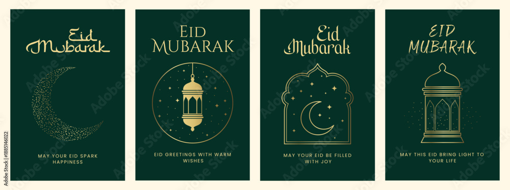Fototapeta premium Luxury Emerald Green and Gold Eid Mubarak Greeting Cards Collection with Faux Foil Lanterns, Crescent Moon, and Islamic Arch Silhouette for Elegant Festive Celebrations