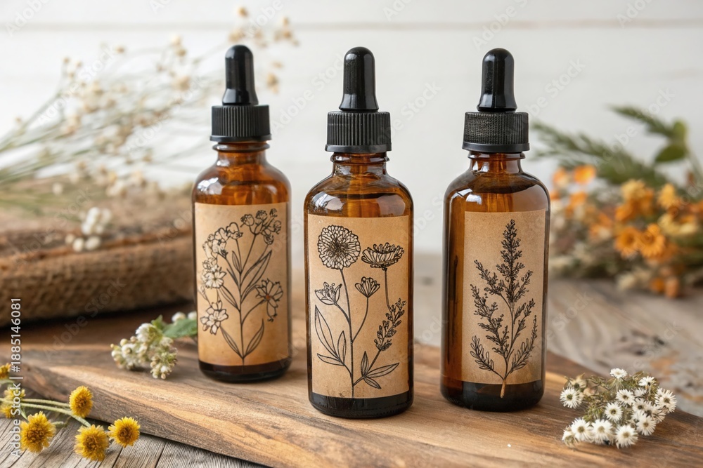 custom made wallpaper toronto digitalThree bottles of essential oils with flowers on the label