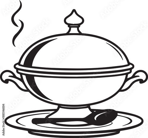 Vintage soup tureen illustration with steam and spoon on plate elegant black and white sketch for culinary design