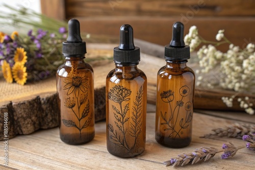 Wallpaper Mural Three bottles of essential oils with flowers on the label Torontodigital.ca