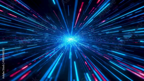 Blue light streaks radiating from bright center creating sense of forward motion and depth