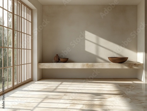 Sunlit room with stone floors, textured walls, and natural wood accents. Ideal backdrop to showcase products, interior design, or zen concepts.