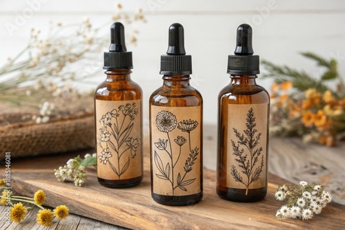 Wallpaper Mural Three bottles of essential oils with flowers on the label Torontodigital.ca