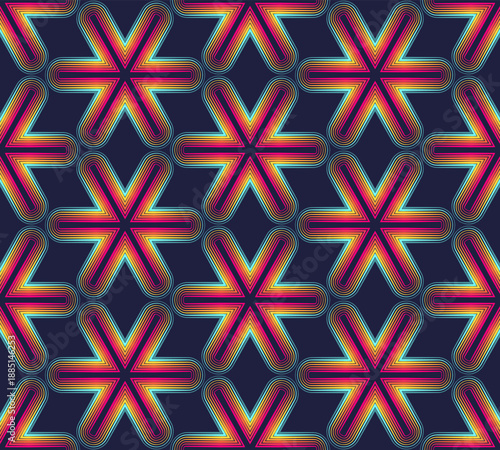 Seamless pattern. Abstract geometric background with a pattern in the shape of fractal stars or snowflakes. Shining effect. Vector illustration for textile printing, packaging, wrapper, etc.