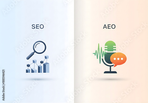 SEO versus AEO Search and Answer Engine Optimization Comparison Icons.