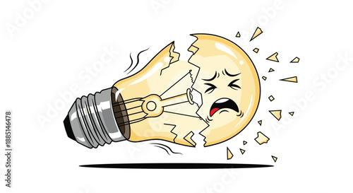 Humorous illustration of a shattered light bulb shows a crying face and broken glass pieces representing a failed idea or burnout.