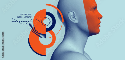 Futuristic artificial intelligence concept. Time to think. Man scientist thinking. Art composition. Stipple-style digital face with colour mask effect. Illusration for presentation, cover or brochure.