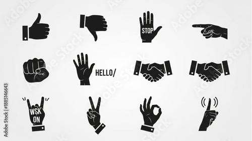 Collection of Black Hand Gestures Icons and Symbols.