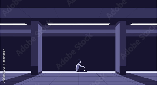 A solitary figure sits alone in a dark, empty subway station, evoking feelings of loneliness, isolation, and urban melancholy.