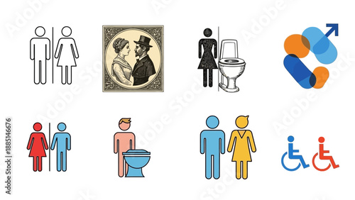 Collection of restroom signs and symbols for men women and disabled people.