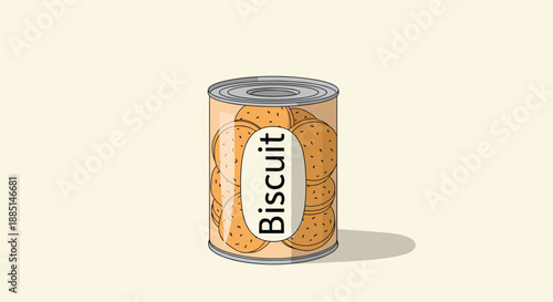 Metal tin can labeled biscuit is filled to the brim with many round cookies shown through a transparent window in the container.