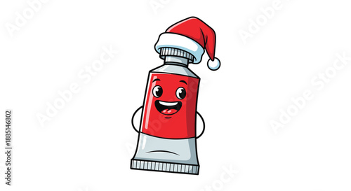 Happy red paint tube character wearing a festive santa hat smiles broadly to celebrate creativity and the holiday season together.