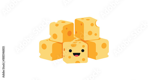 Cheerful pile of yellow cheese cubes features one block with a happy smiling face and various sizes of holes for food-themed graphics.