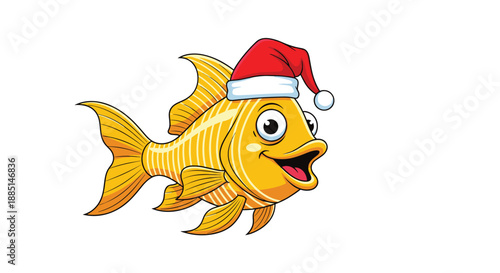 Cheerful golden fish character wearing a red and white santa hat celebrating christmas and winter holidays on a clean white background.