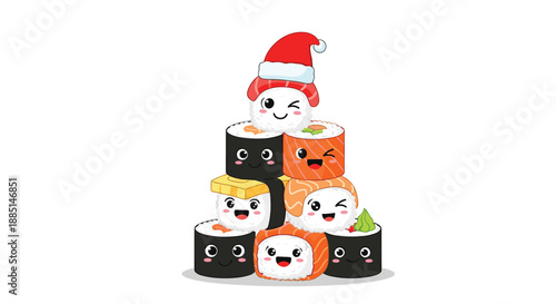 Stacked kawaii sushi rolls pyramid with cute faces featuring a top piece wearing a santa hat for christmas food celebrations and parties.