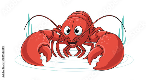Friendly red lobster character with large claws standing in blue water ripples with sea grass isolated on a clean white background.