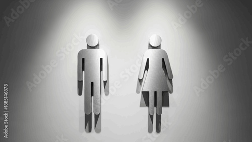 Gender neutral restroom sign icons illuminated by spotlights.