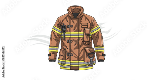 Professional brown fire resistant firefighter turnout gear jacket with reflective yellow stripes and utility pockets for safety equipment.