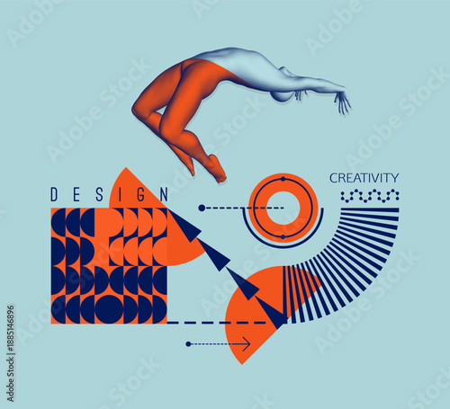 Jumping man. Man in zero gravity. Guy is flying or falling in the air. Art composition. Geometrical background. Cover design template. Vector for brochure, poster, presentation, flyer or banner.