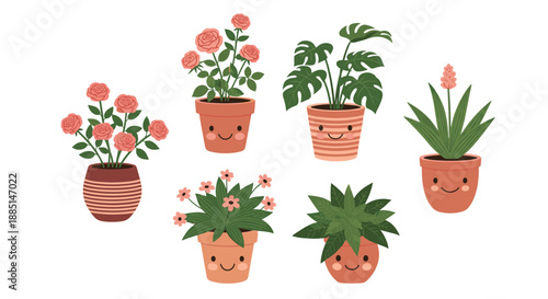 Collection of various house plants in terracotta pots with cute smiling faces including roses monstera and succulents for home decoration.