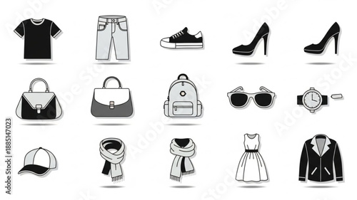 Collection of Fashionable Clothing and Accessories Icons.
