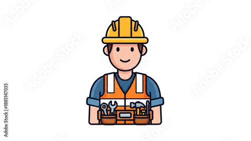 Construction worker with tools and hard hat illustration.