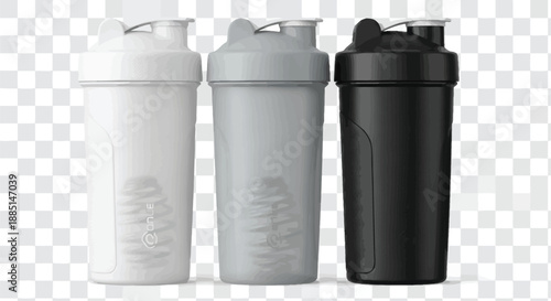 Trio of modern BPA-free shaker bottles in white gray and black ready for gym supplements and protein mixing workouts