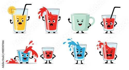 Set of animated drink glasses and mugs with diverse expressions like angry and surprised featuring juice water and coffee characters.